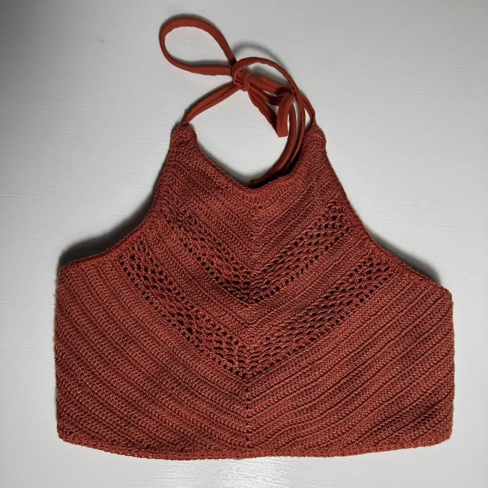 Xhilaration Crochet High Neck Bikini Top buen Orange Strappy Back Swimwear Sz XL